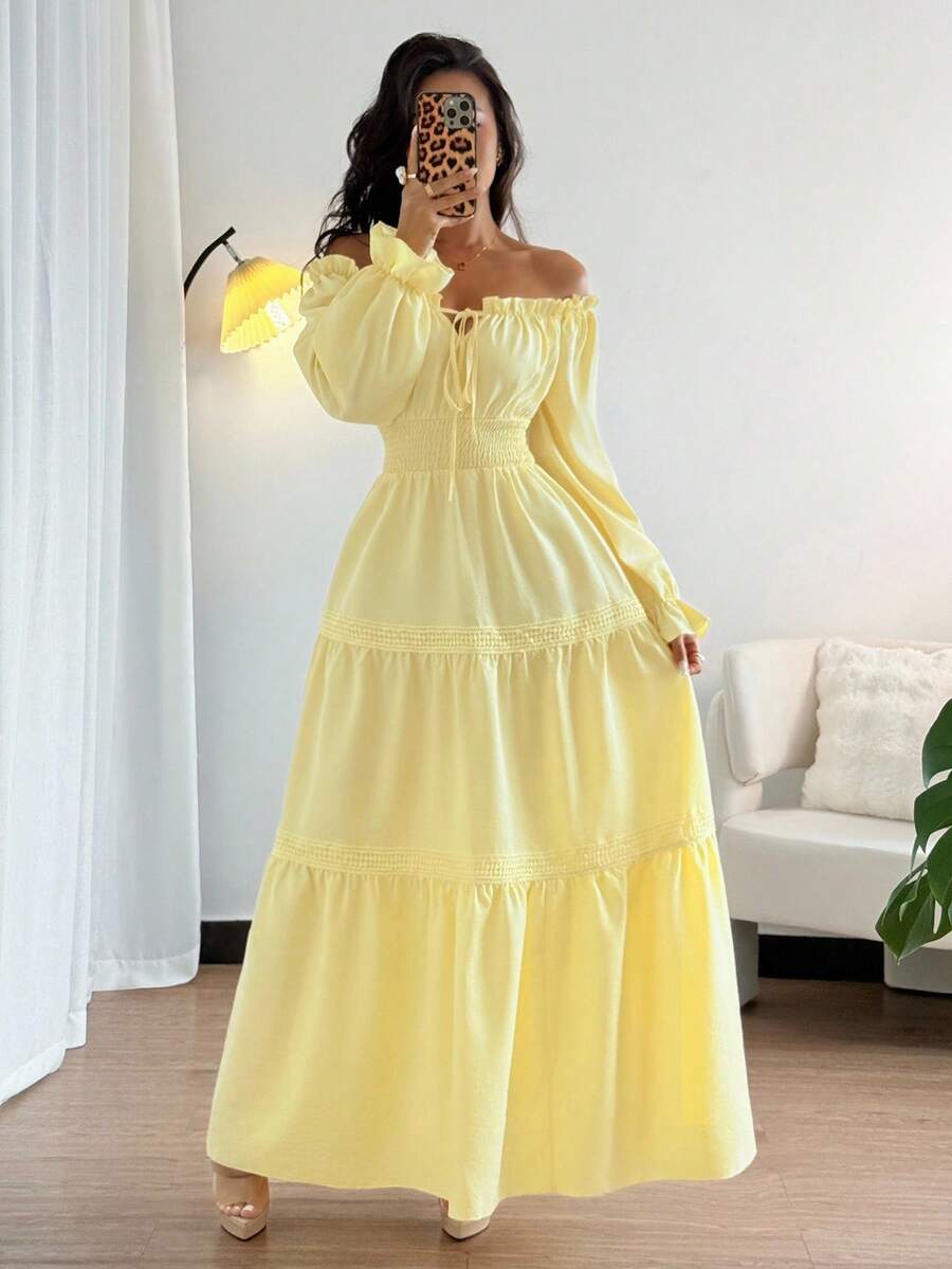 SHEIN Elenzya فستان طويل بأكمام منتفخة وربطة خصر وتصميم مكشوف الكتفين