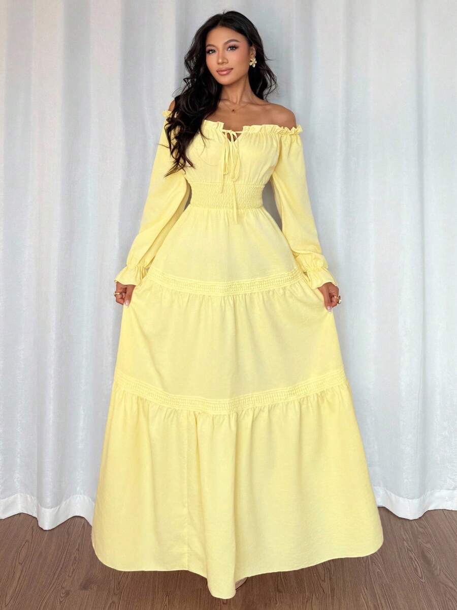 SHEIN Elenzya فستان طويل بأكمام منتفخة وربطة خصر وتصميم مكشوف الكتفين