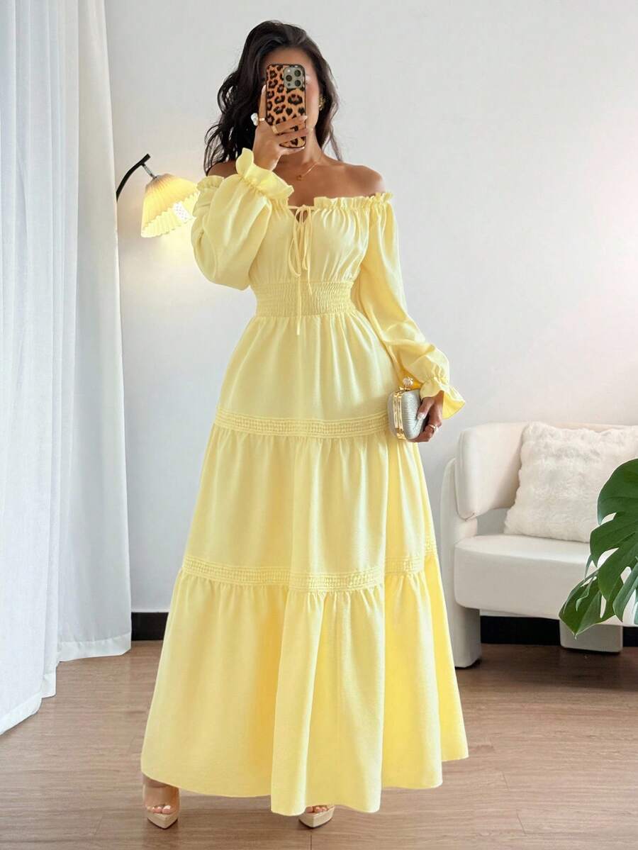 SHEIN Elenzya فستان طويل بأكمام منتفخة وربطة خصر وتصميم مكشوف الكتفين