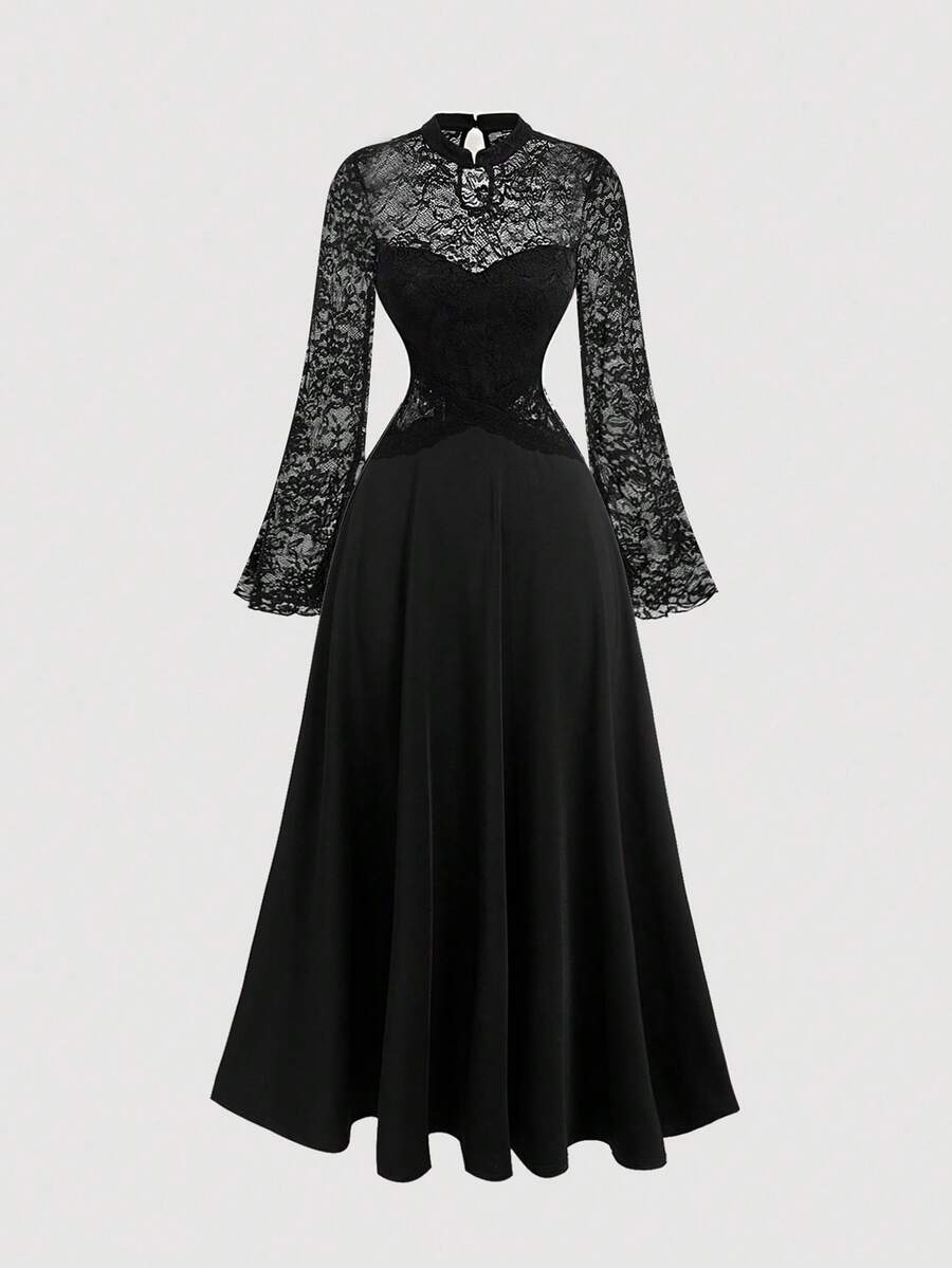 SHEIN MOD فستان أسود من الدانتيل بتصميم لوحات