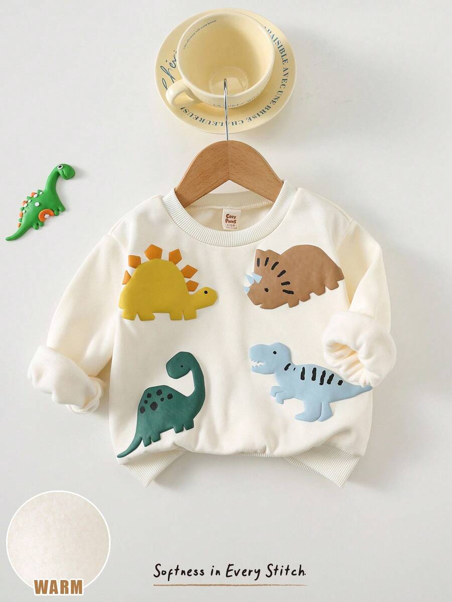 SHEIN Cozy Pixies بلوزة أطفال بياقة طاقم وأكمام طويلة بنمط ديناصور كرتوني