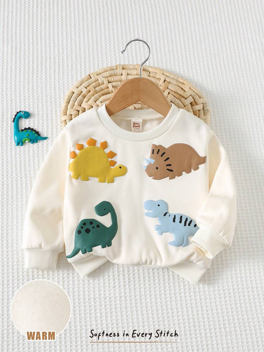SHEIN Cozy Pixies بلوزة أطفال بياقة طاقم وأكمام طويلة بنمط ديناصور كرتوني