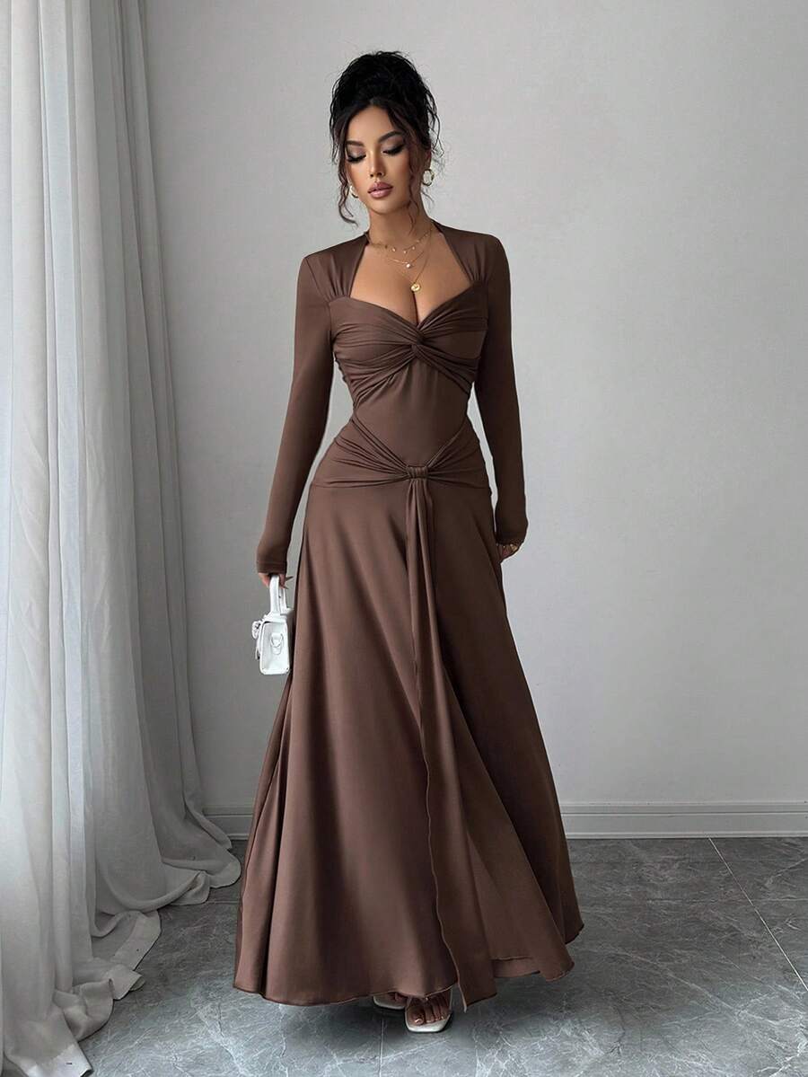 SHEIN Allurite فستان ماكسي بني بياقة وخصر مربوط