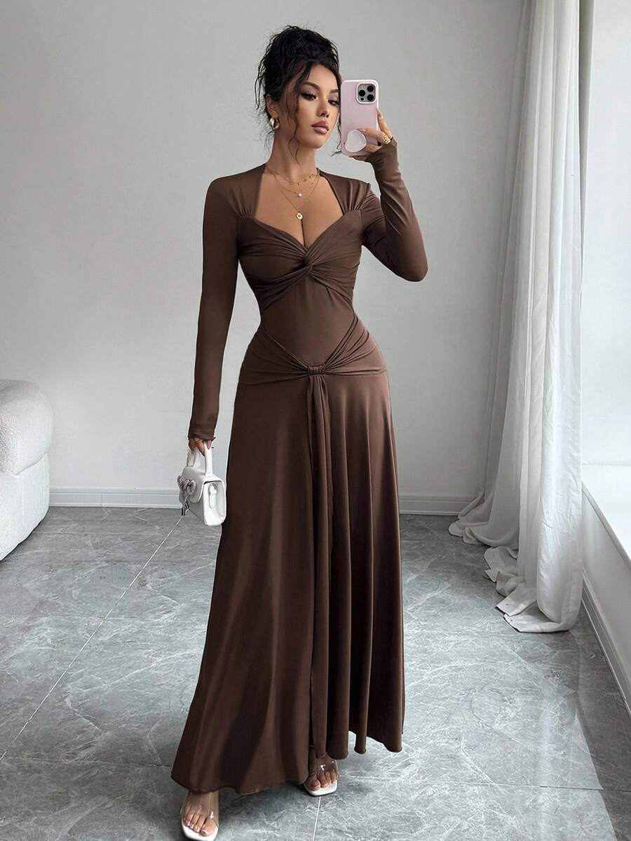 SHEIN Allurite فستان ماكسي بني بياقة وخصر مربوط