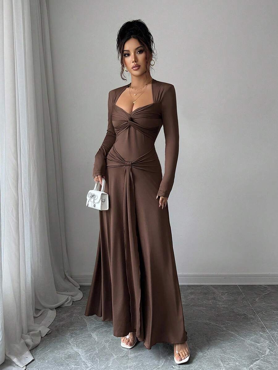 SHEIN Allurite فستان ماكسي بني بياقة وخصر مربوط