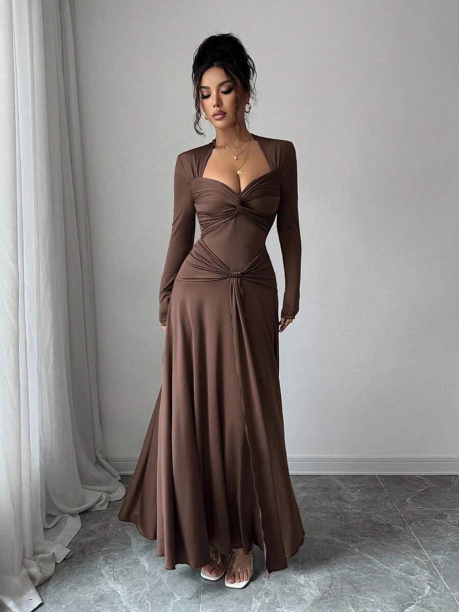 SHEIN Allurite فستان ماكسي بني بياقة وخصر مربوط