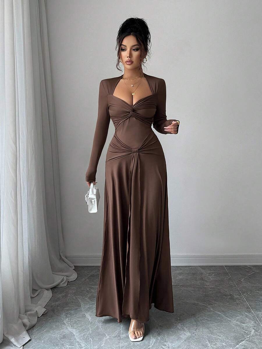 SHEIN Allurite فستان ماكسي بني بياقة وخصر مربوط
