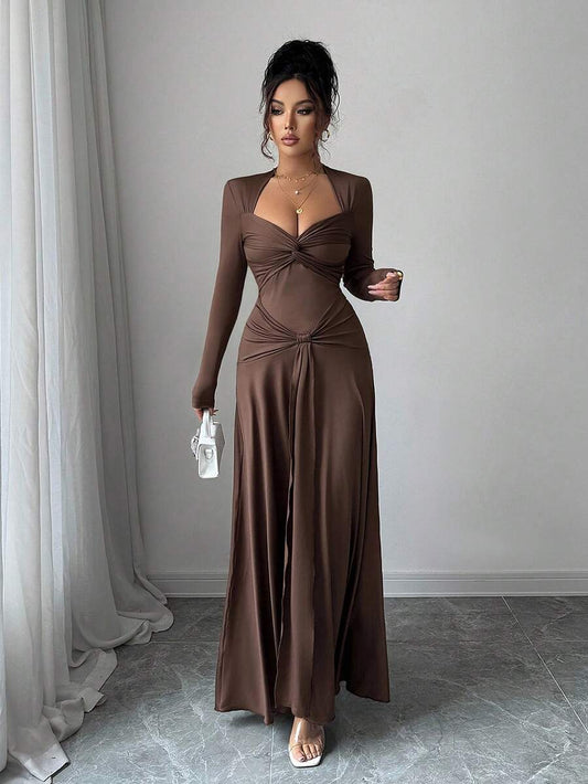 SHEIN Allurite فستان ماكسي بني بياقة وخصر مربوط