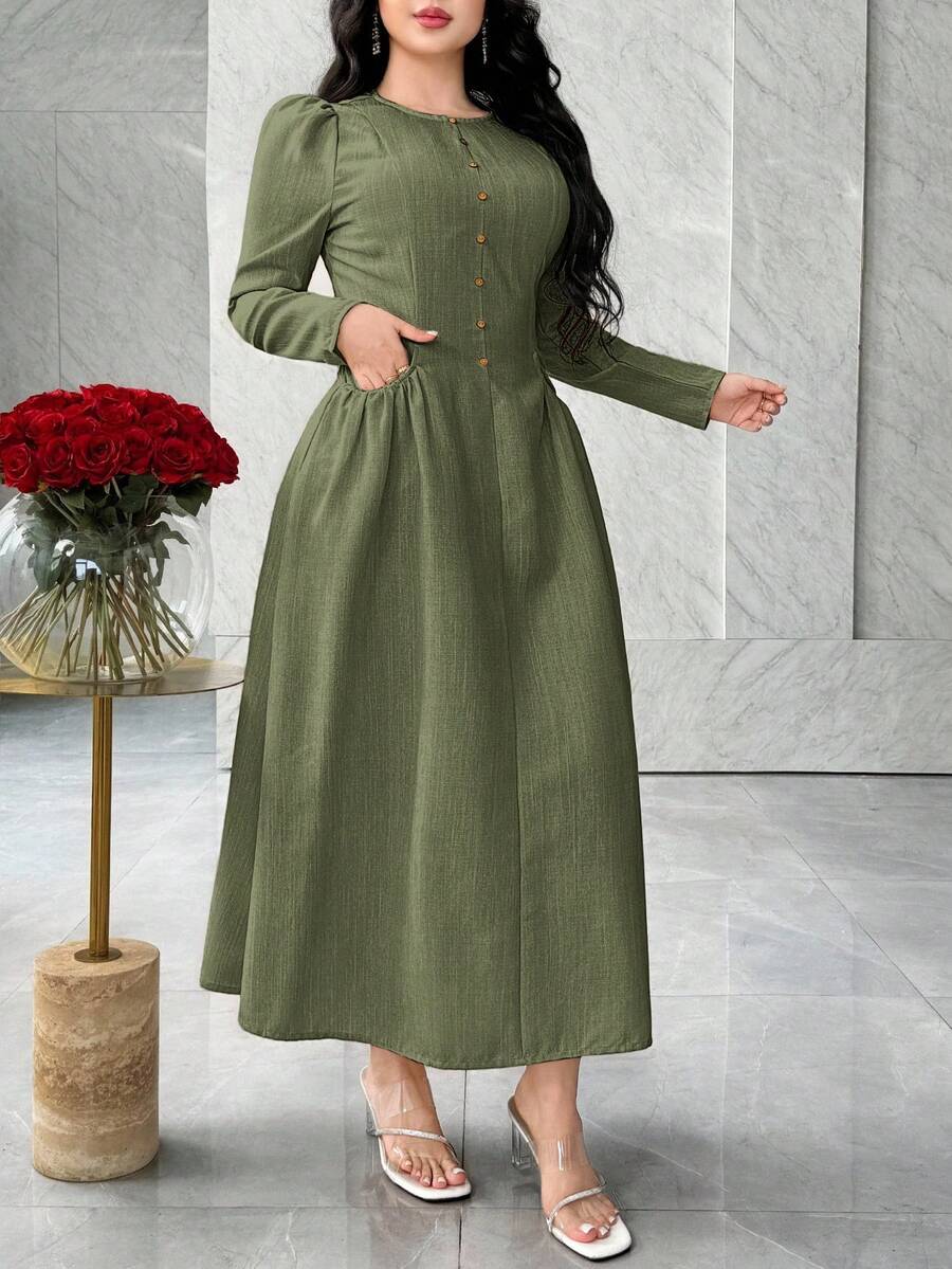 SHEIN Feyla فستان اخضر بطراز فرنسي مع جيوب لتنحيف الخصر