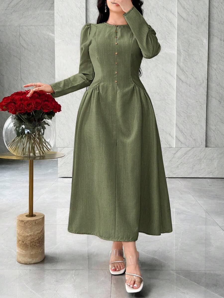 SHEIN Feyla فستان اخضر بطراز فرنسي مع جيوب لتنحيف الخصر