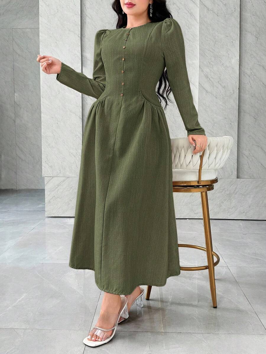 SHEIN Feyla فستان اخضر بطراز فرنسي مع جيوب لتنحيف الخصر