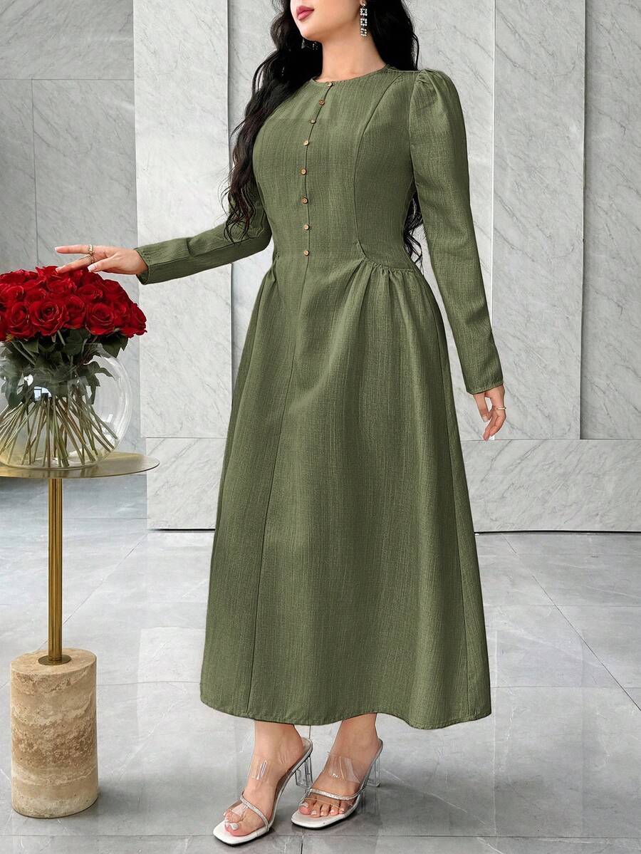 SHEIN Feyla فستان اخضر بطراز فرنسي مع جيوب لتنحيف الخصر