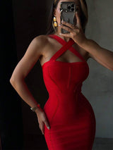 SHEIN MOD فستان ميدي أحمر مضلع بدون أكتاف ضيق وأنيق