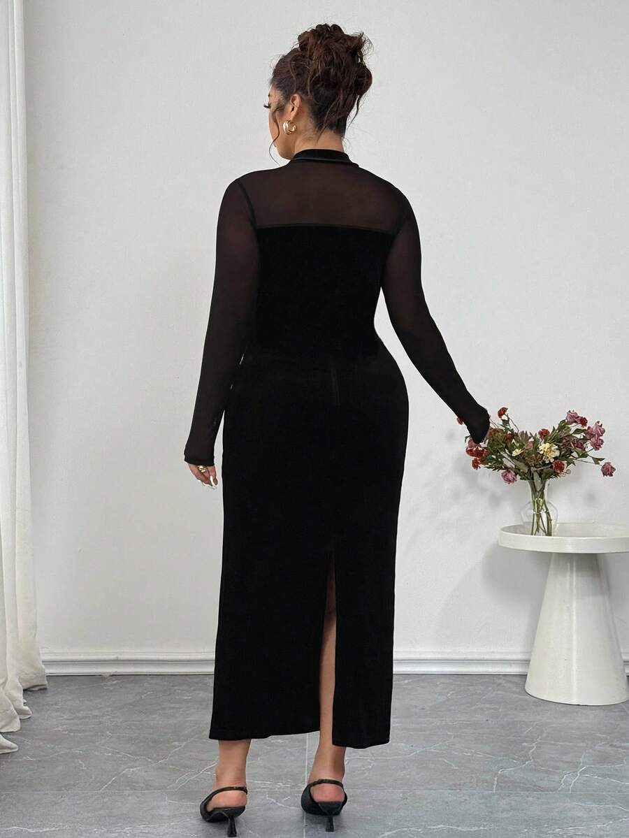 SHEIN Elenzga فستان بودي كون مخمل أسود للمقاسات الكبيرة