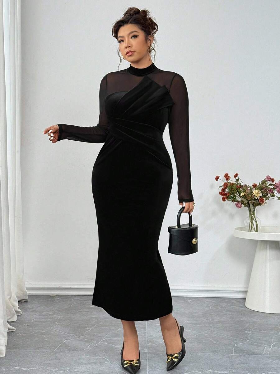 SHEIN Elenzga فستان بودي كون مخمل أسود للمقاسات الكبيرة