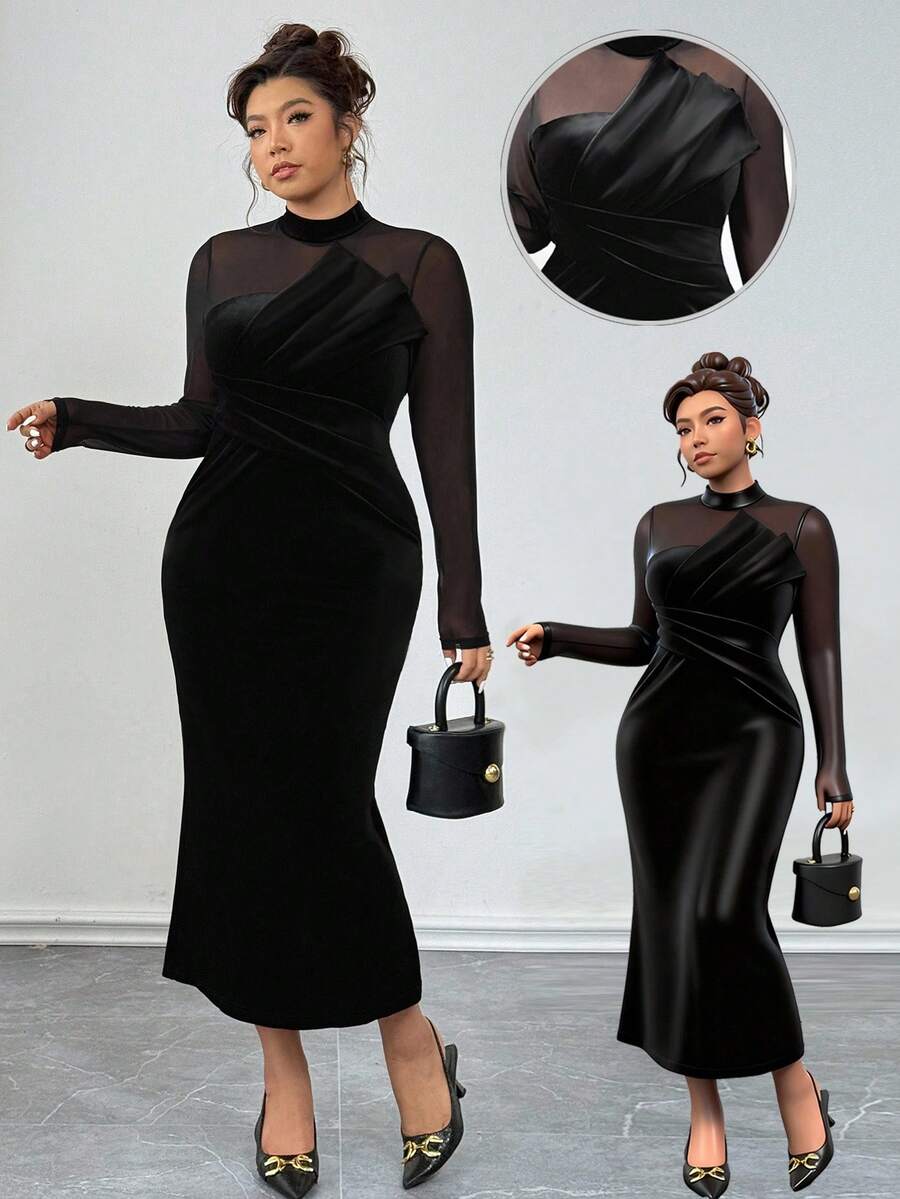 SHEIN Elenzga فستان بودي كون مخمل أسود للمقاسات الكبيرة