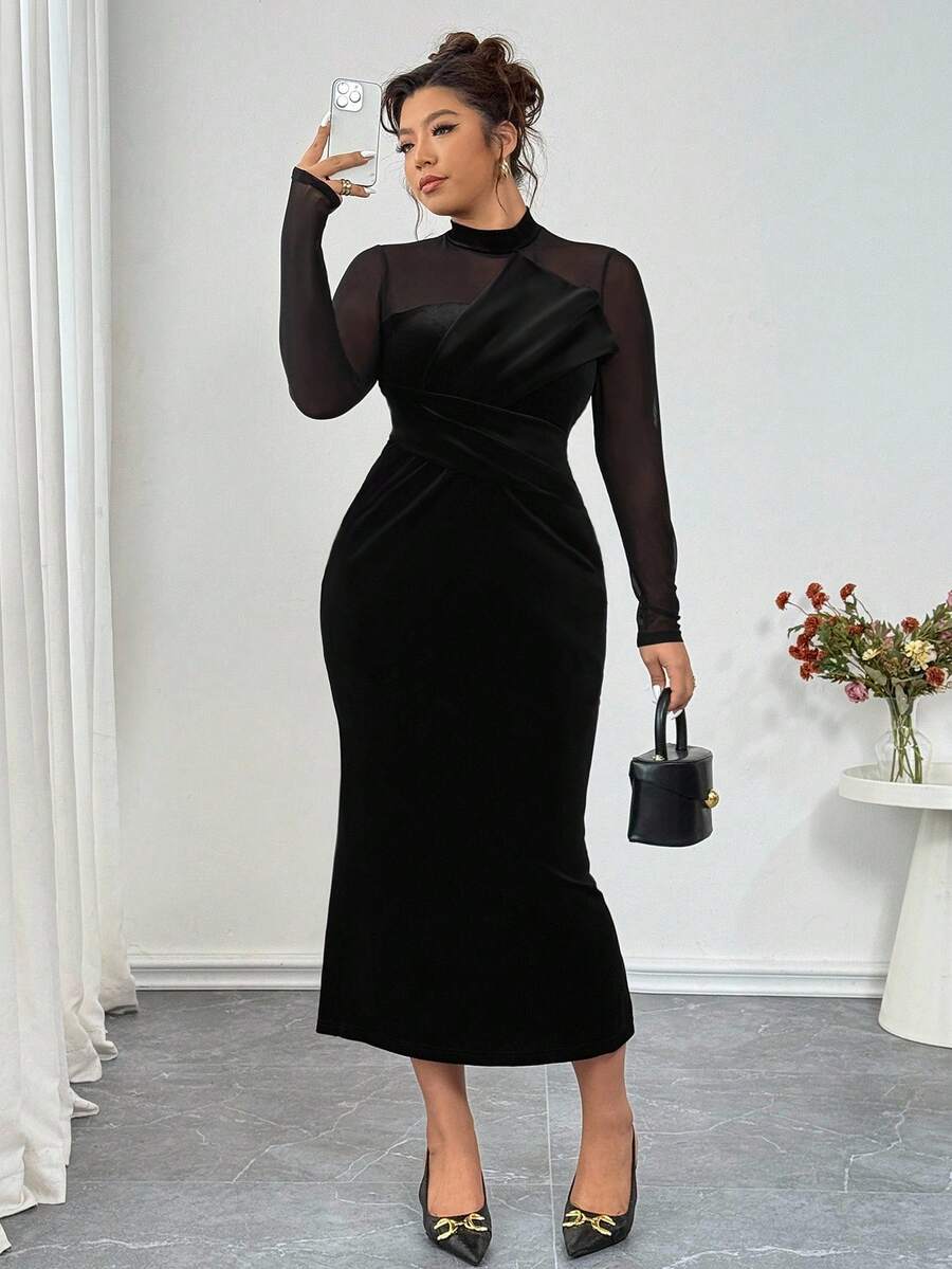 SHEIN Elenzga فستان بودي كون مخمل أسود للمقاسات الكبيرة