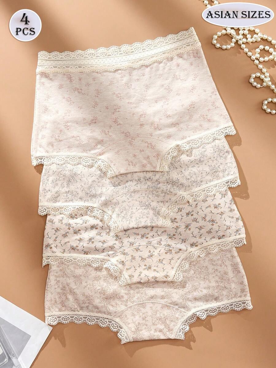 SHEIN طقم 4 سراويل قطنية مريحة بطبعة زهور مزينة بفيونكة