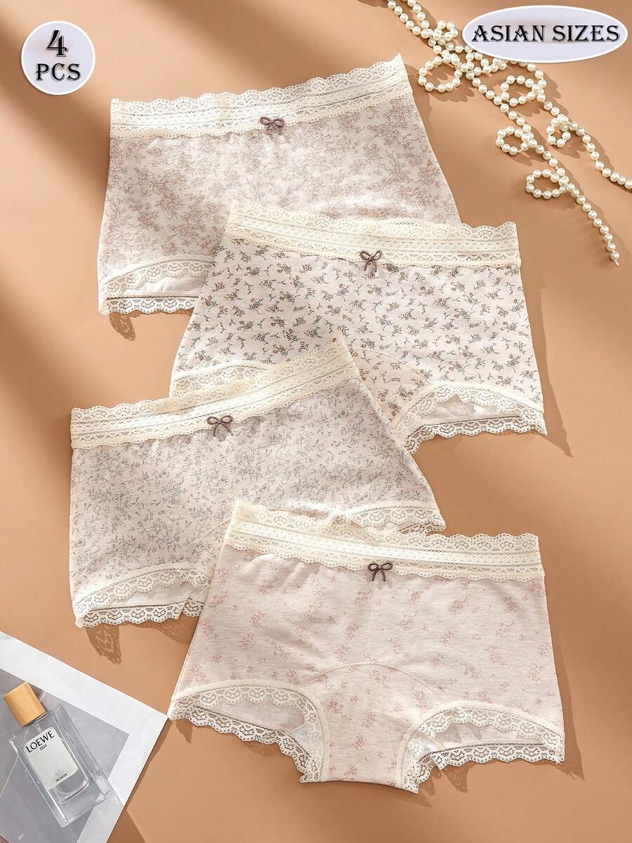 SHEIN طقم 4 سراويل قطنية مريحة بطبعة زهور مزينة بفيونكة