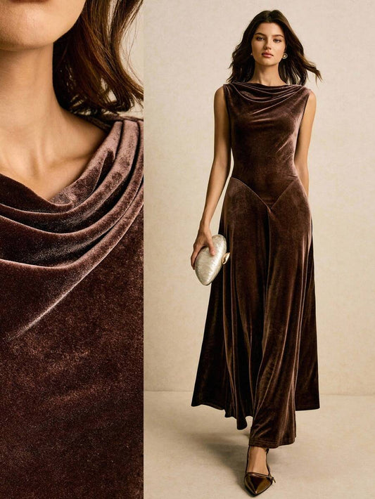 SHEIN Poéselle فستان بني أنيق بياقة عميقة وبدون أكمام