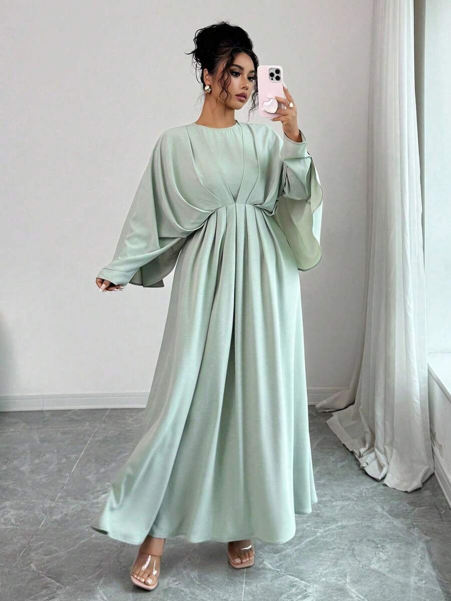 SHEIN Elenzga فستان ماكسي أخضر فاتح بكشكشة على الخصر وأكمام خفاش