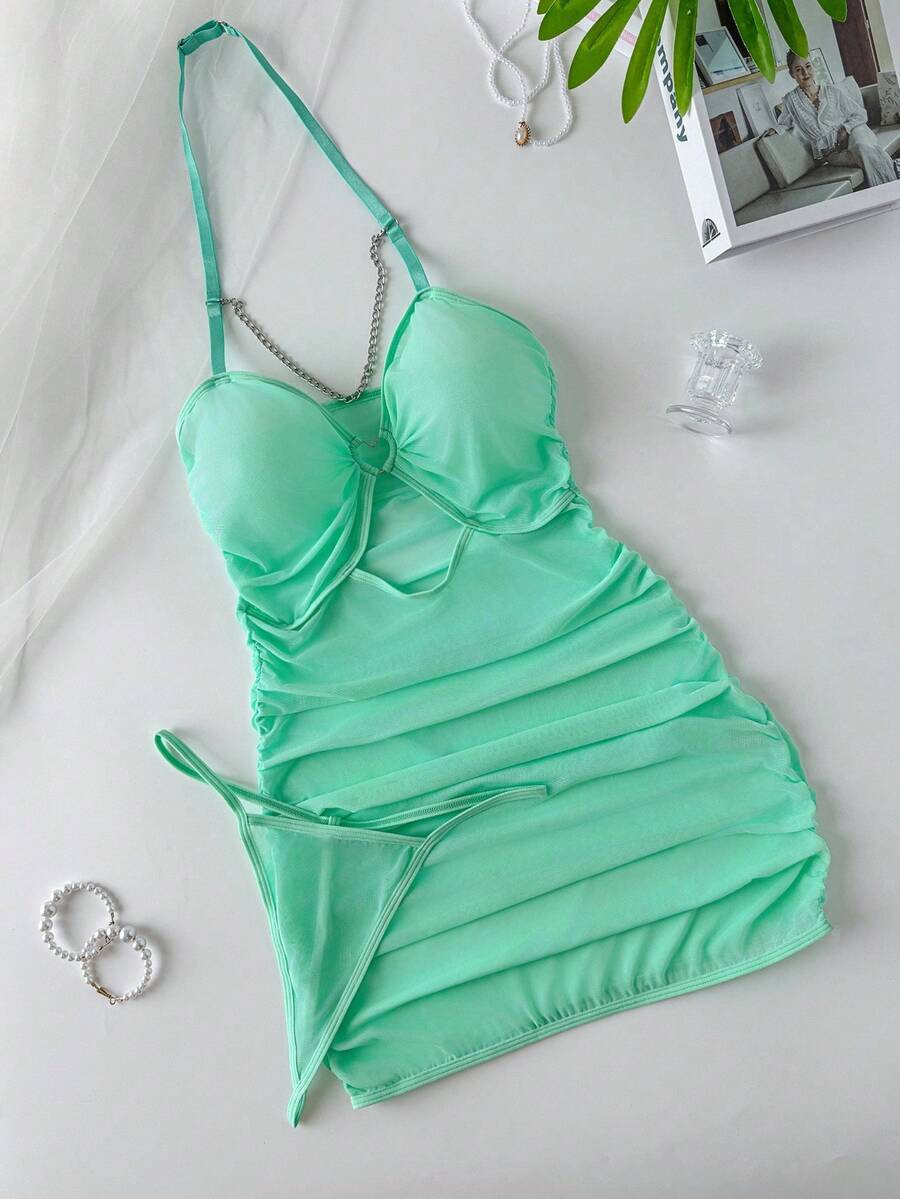 SHEIN Snug Zone طقم نوم أخضر شفاف مثير 2 قطعة