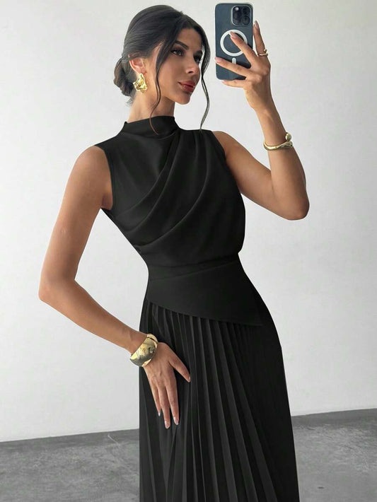 SHEIN Firerie فستان أسود بياقة متدلية وأكمام قصيرة مع تنورة قصيرة