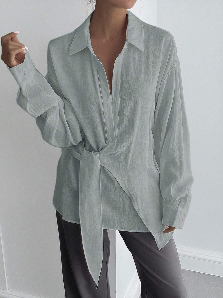 SHEIN DAZY قميص كاجوال أنيق بأكمام طويلة وربطة جانبية