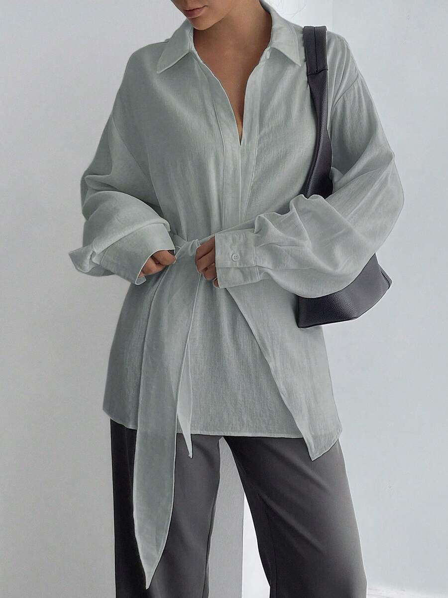 SHEIN DAZY قميص كاجوال أنيق بأكمام طويلة وربطة جانبية