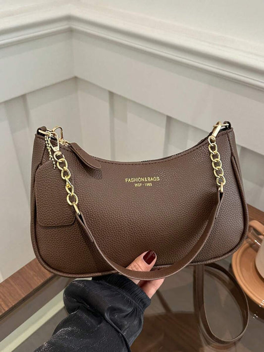 SHEIN حقيبة كتف من جلد اصطناعي بلون بني داكن