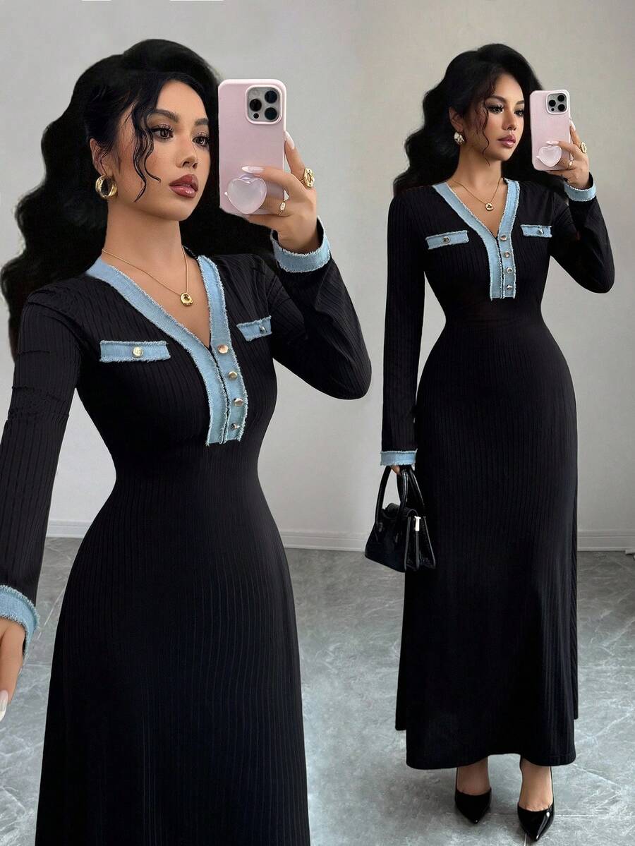 SHEIN Rafferiza V فستان أنيق بتصميم لوحات وياقة