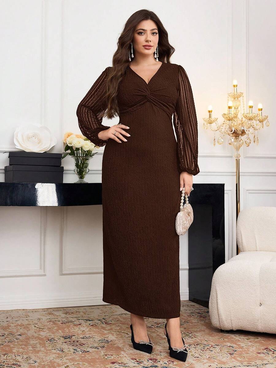 SHEIN Modelyn فستان بني طويل الأكمام أنيق بتصميم شبكي
