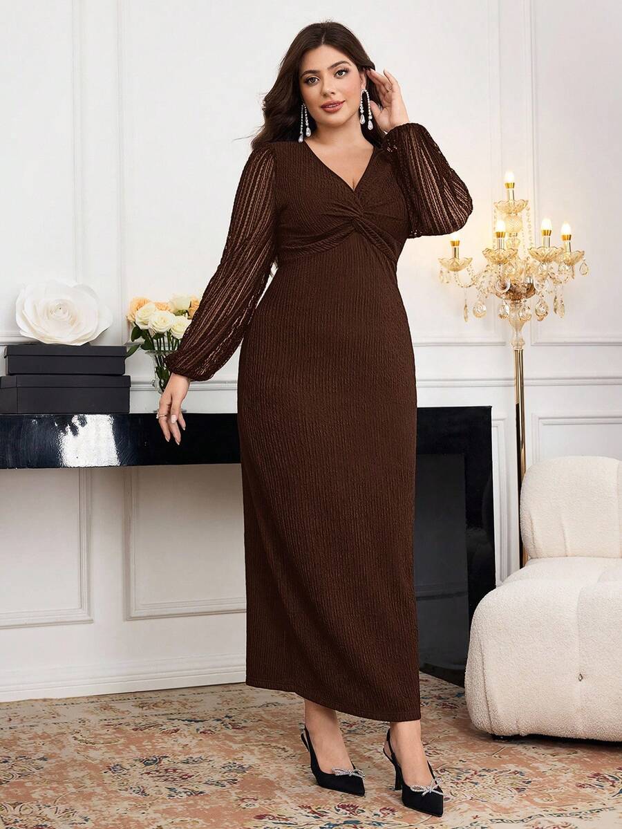 SHEIN Modelyn فستان بني طويل الأكمام أنيق بتصميم شبكي