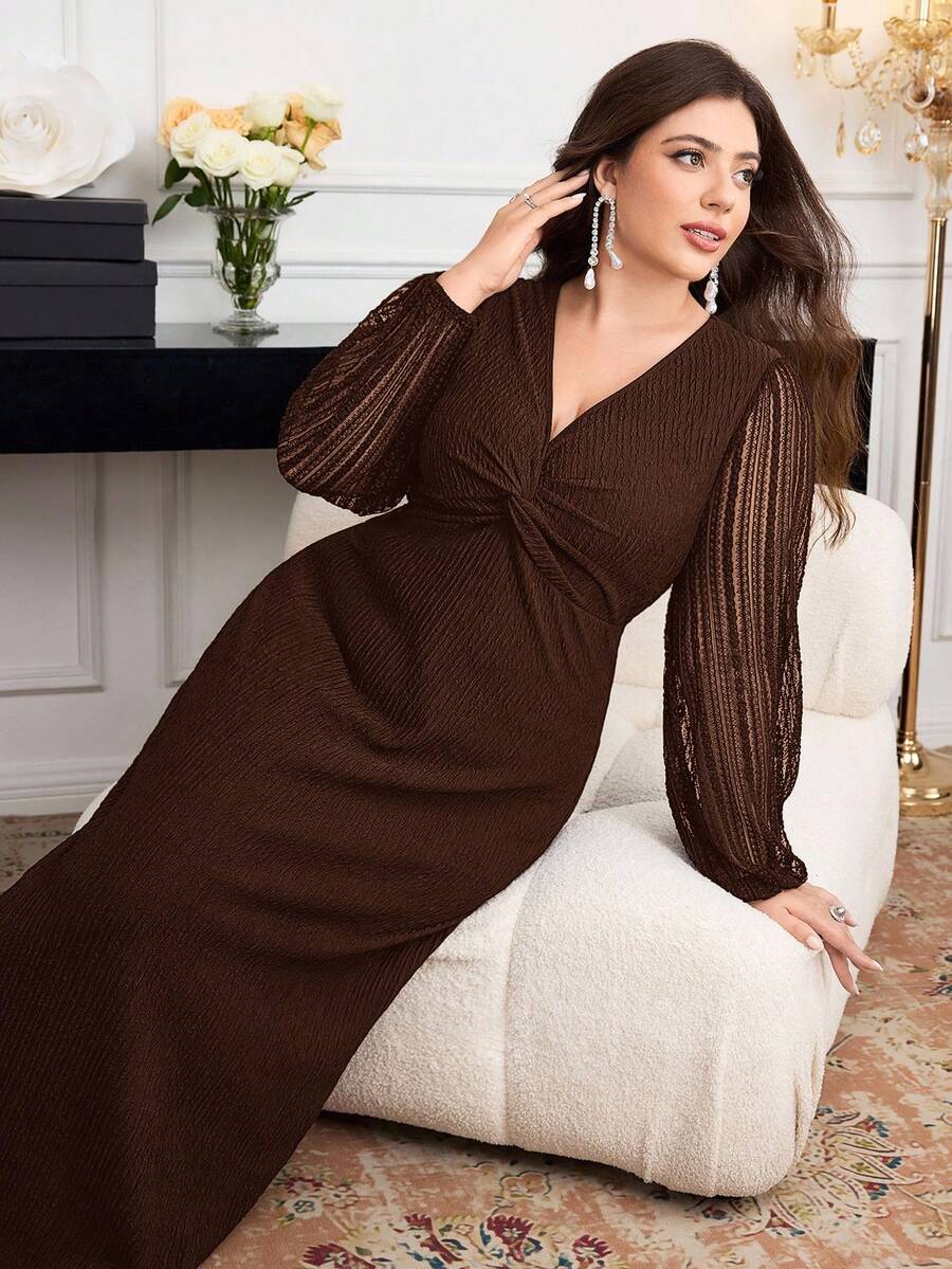 SHEIN Modelyn فستان بني طويل الأكمام أنيق بتصميم شبكي