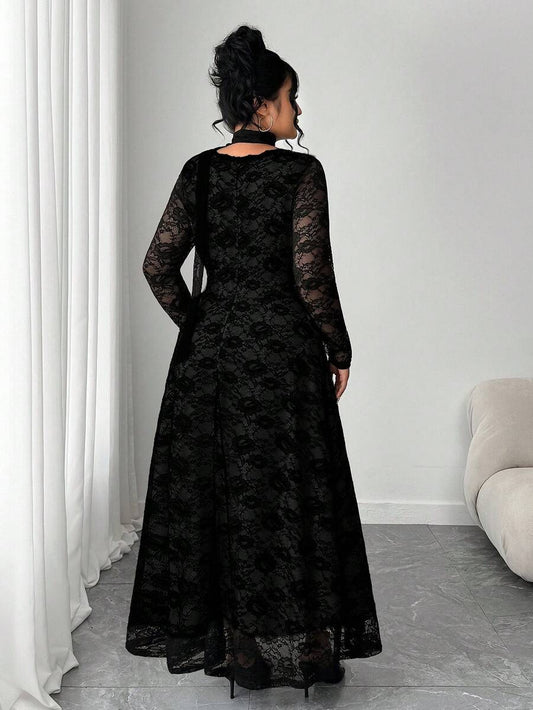 SHEIN Elenzga فستان أسود ضيق بتطريز دانتيل للمقاسات الكبيرة