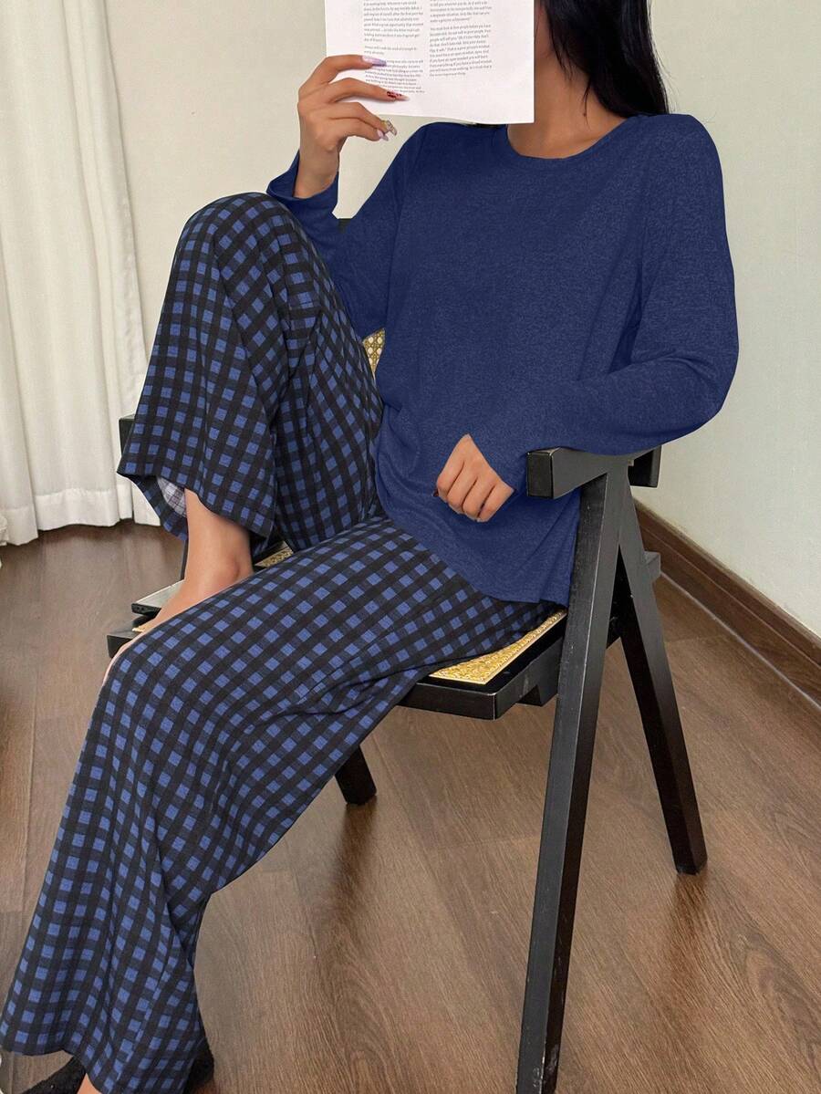 SHEIN طقم بيجامة 2 قطعة بلوزة قصيرة وبنطلون مربعات