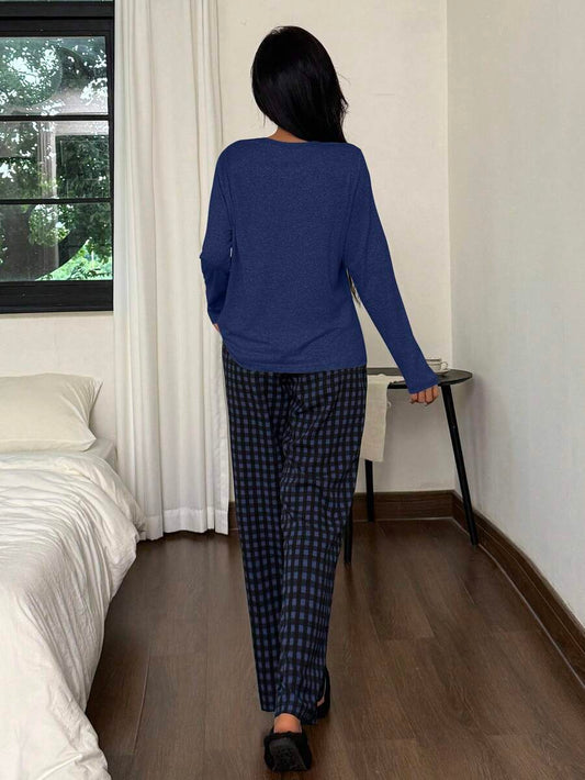 SHEIN طقم بيجامة 2 قطعة بلوزة قصيرة وبنطلون مربعات