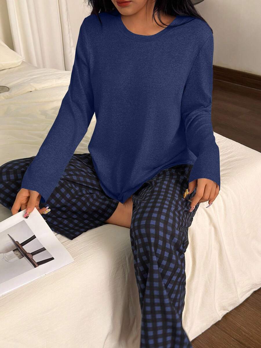 SHEIN طقم بيجامة 2 قطعة بلوزة قصيرة وبنطلون مربعات