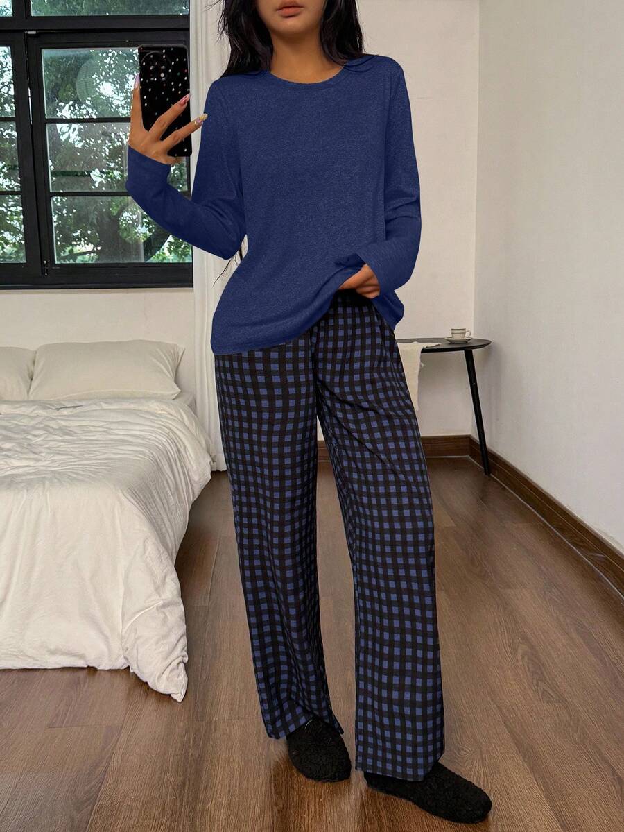 SHEIN طقم بيجامة 2 قطعة بلوزة قصيرة وبنطلون مربعات