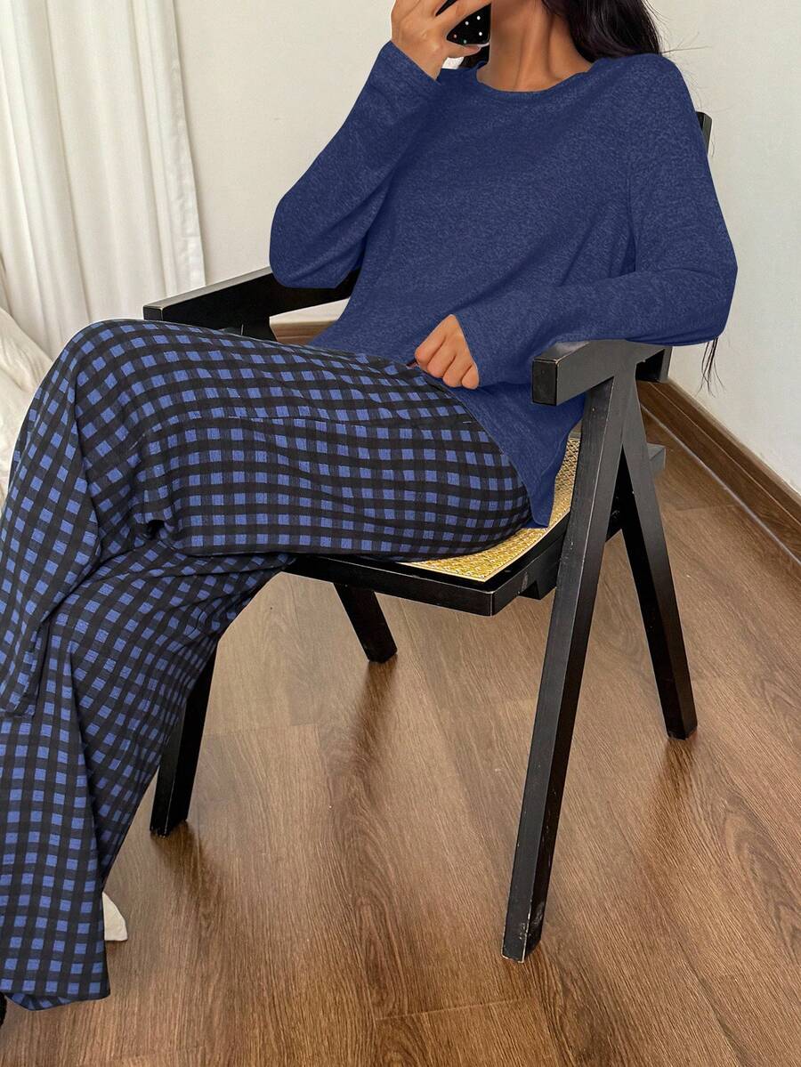 SHEIN طقم بيجامة 2 قطعة بلوزة قصيرة وبنطلون مربعات