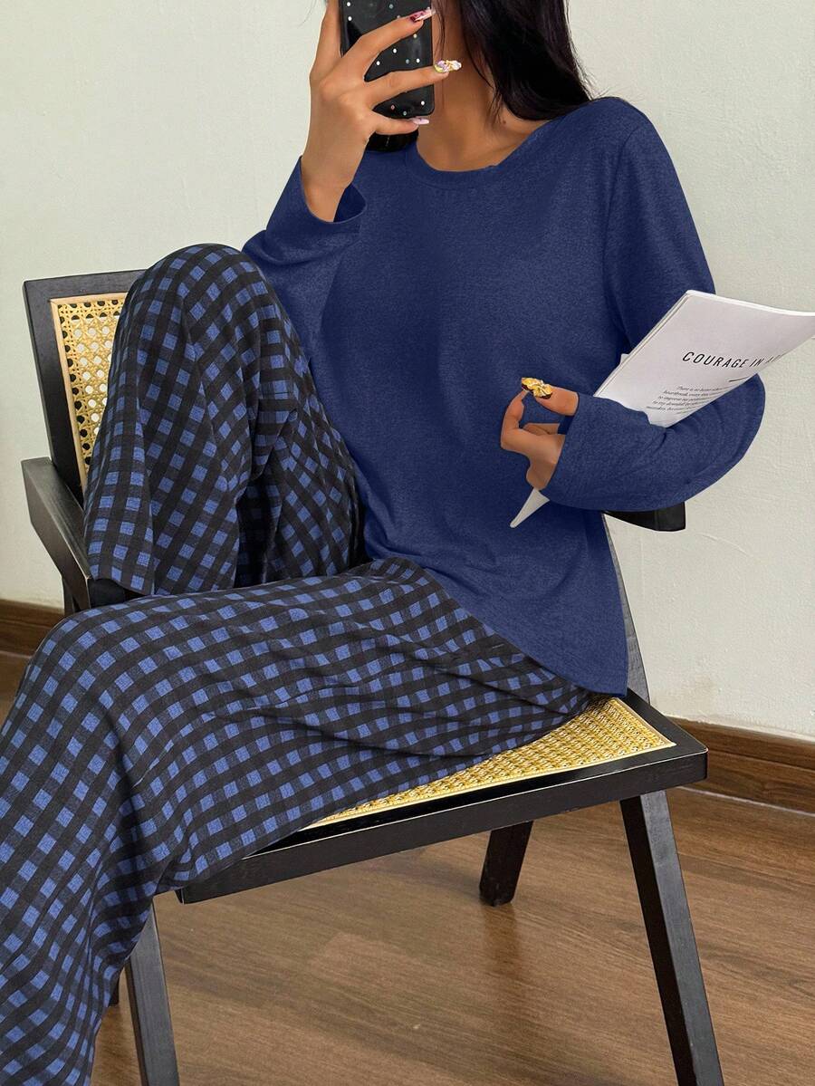 SHEIN طقم بيجامة 2 قطعة بلوزة قصيرة وبنطلون مربعات