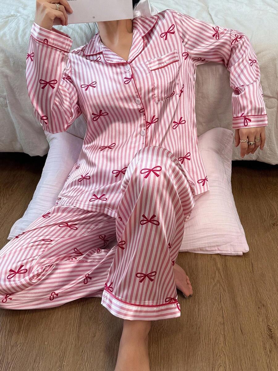 SHEIN Dream Adore طقم بيجامة وردي بأكمام طويلة وبنطال مطبوع