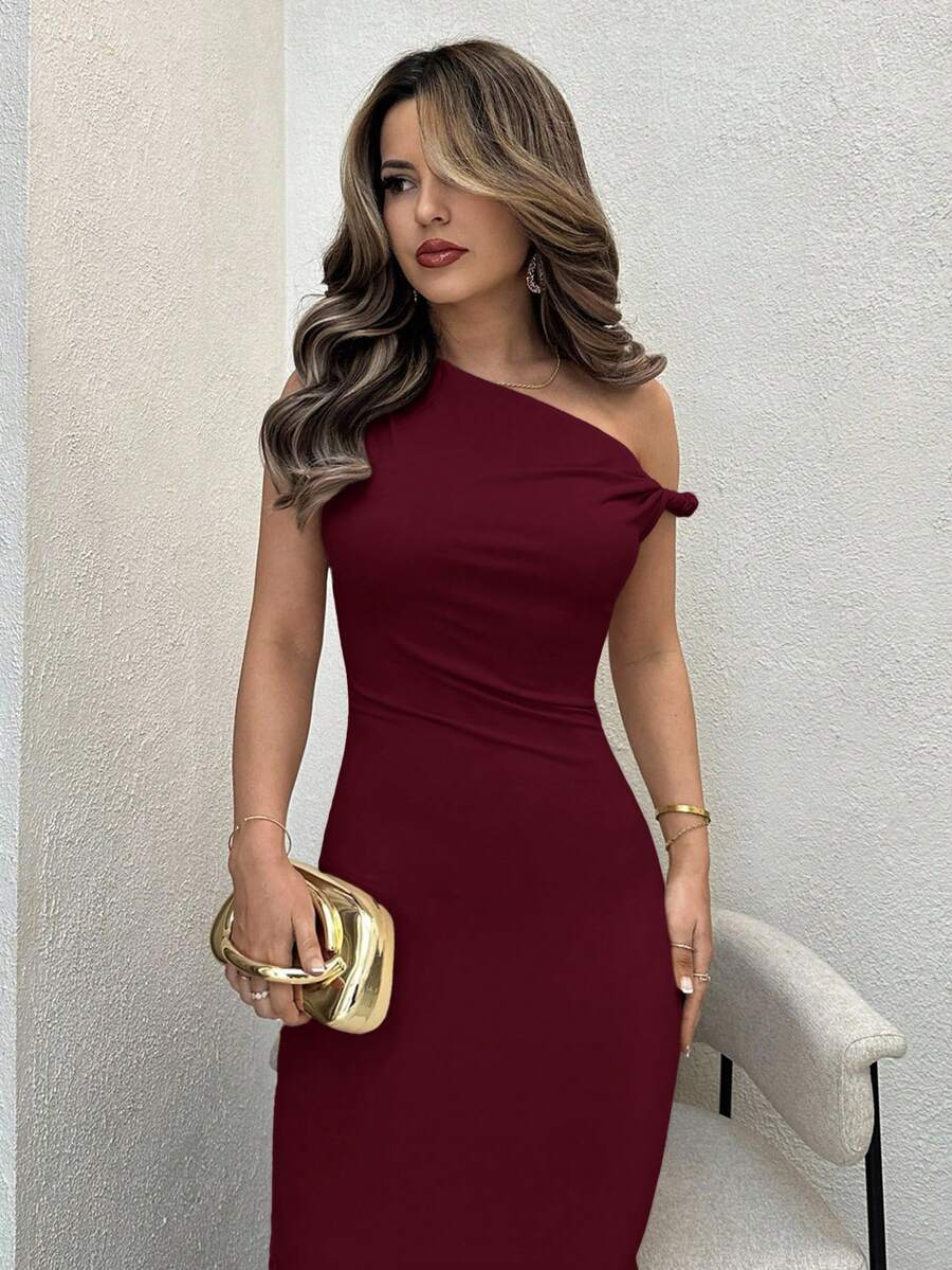 SHEIN Jemour فستان عنابي ضيق بفتحة على الكتف
