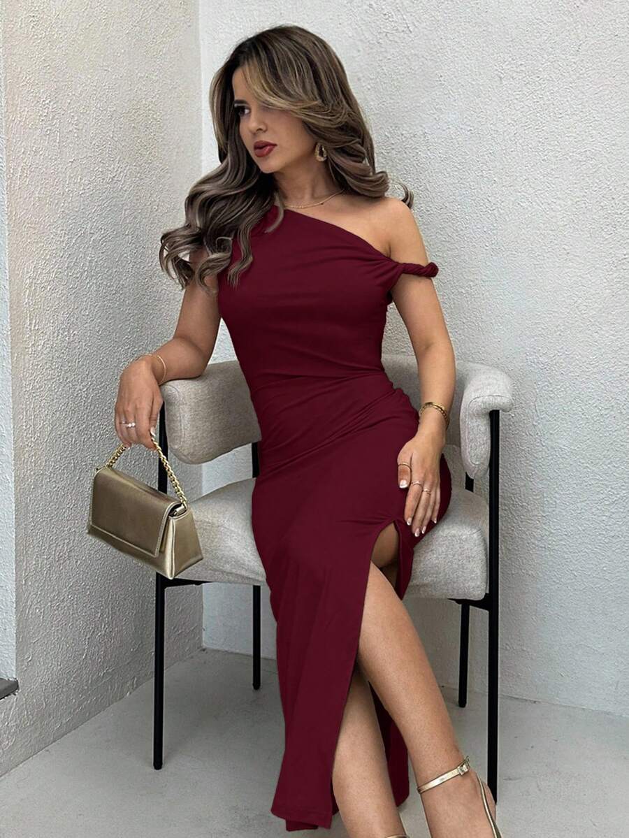 SHEIN Jemour فستان عنابي ضيق بفتحة على الكتف