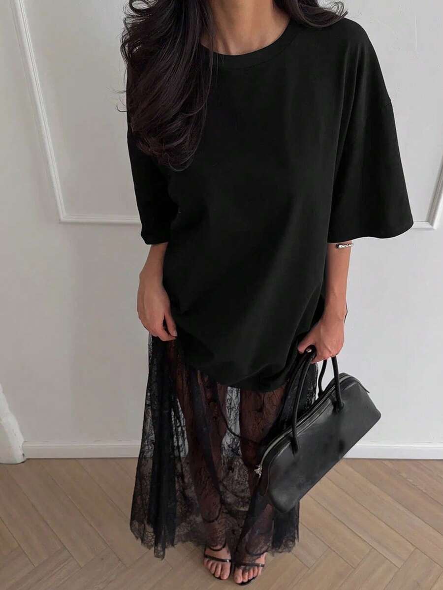 SHEIN فستان أسود محبوك بتفاصيل دانتيل وأكمام قصيرة