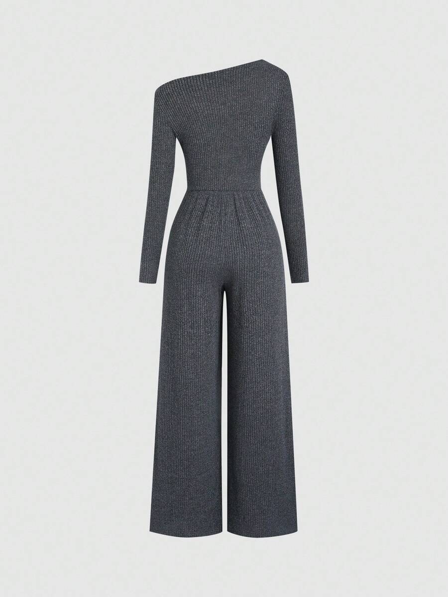 SHEIN FavEase جمبسوت كاجوال بخصر مطوي رمادي غامق