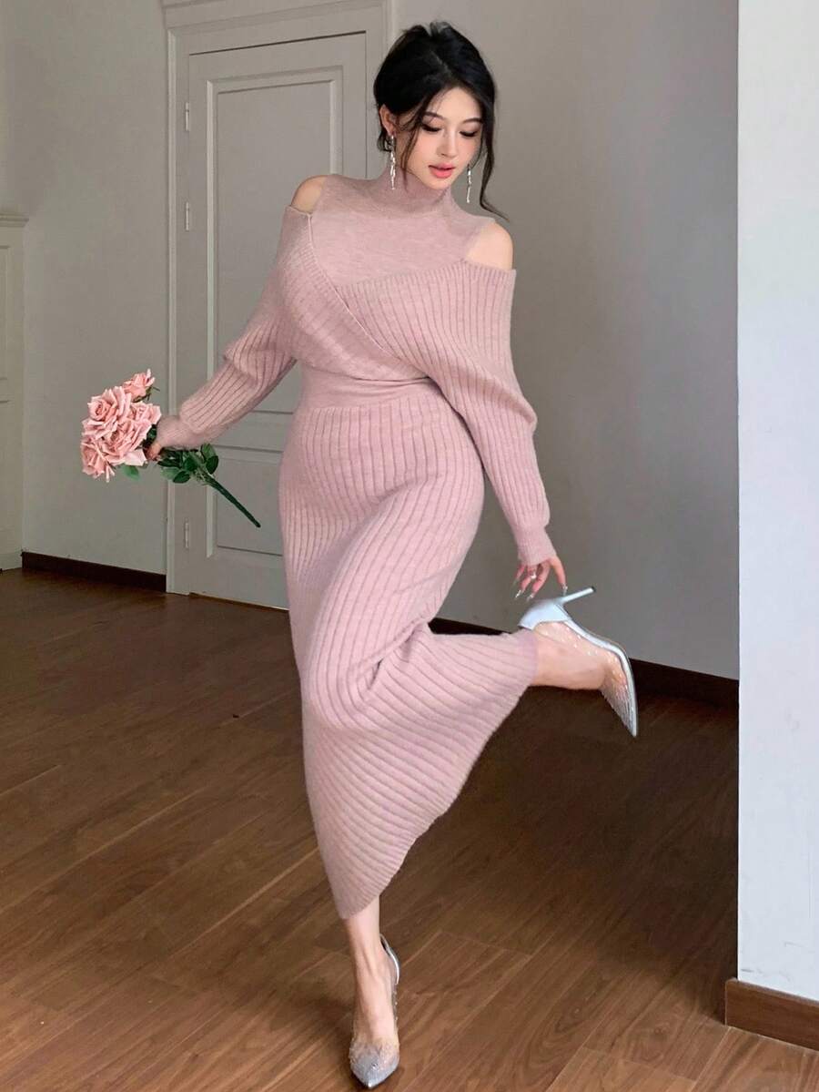 SHEIN DAZY فستان وردي محبوك أنيق وبسيط