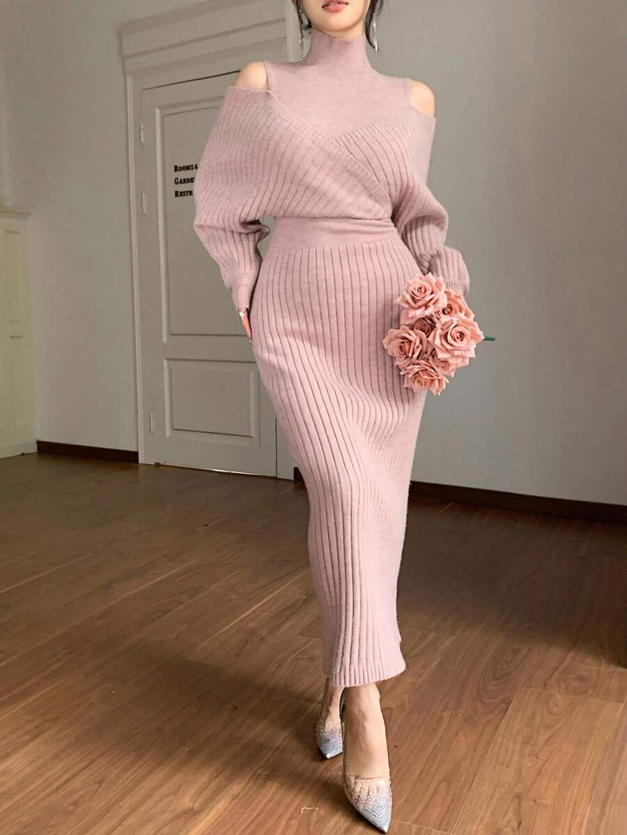 SHEIN DAZY فستان وردي محبوك أنيق وبسيط