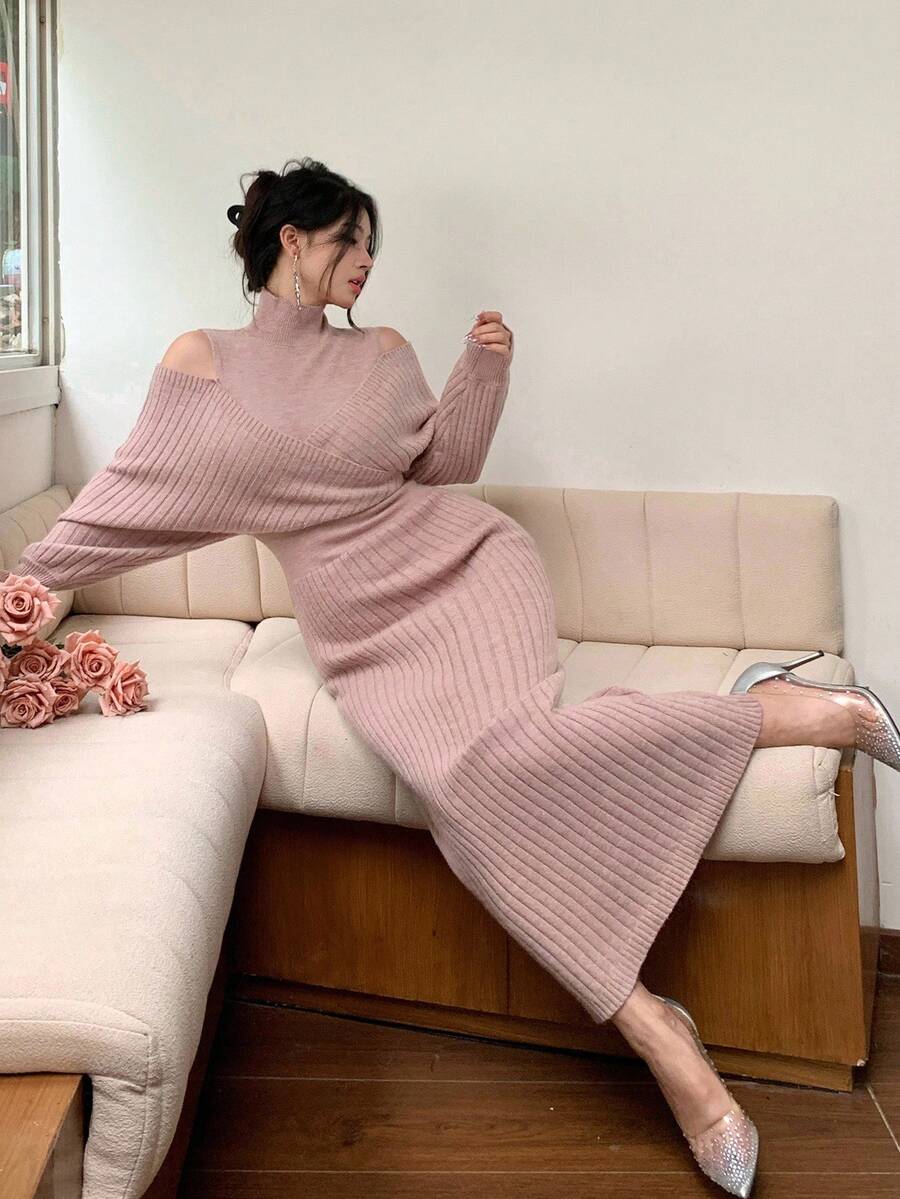 SHEIN DAZY فستان وردي محبوك أنيق وبسيط