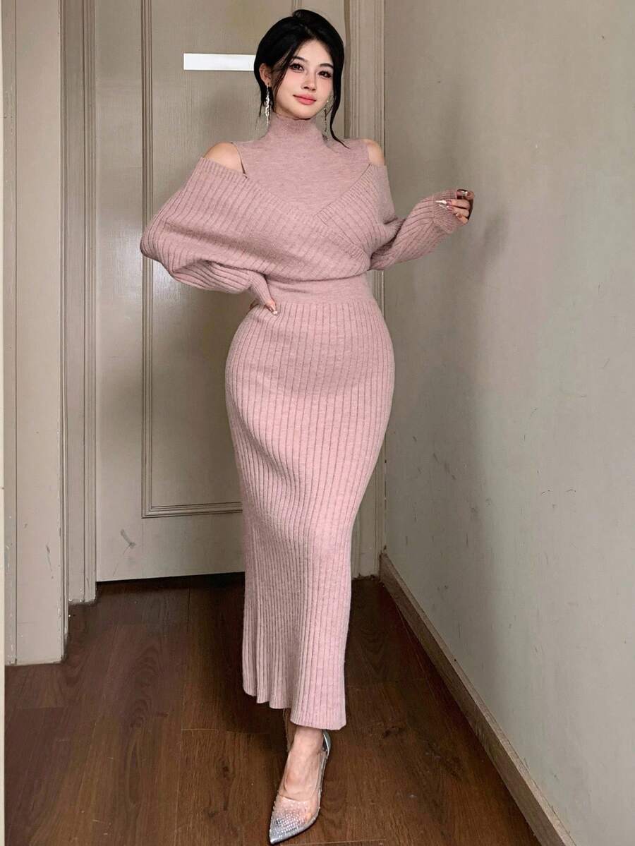 SHEIN DAZY فستان وردي محبوك أنيق وبسيط